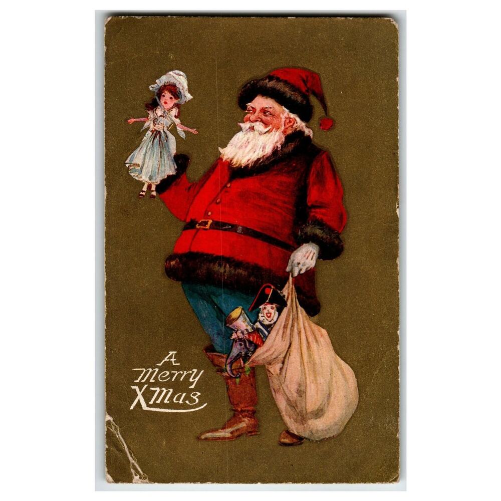 Vintage Santa Claus Christmas Postcard Holding Doll & Toy Sack Xmas Golden Age